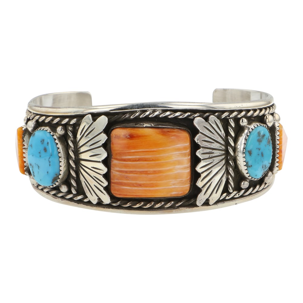 Navajo Turquoise & Spiny Oyster Cuff Bracelet: Sterling Silver | Genuine Turquoise & Spiny Oyster | Navajo Turquoise & Spiny Oyster Cuff Bracelet | Navajo Native American Southwest Indian Jewelry | Good (no breaks or damages) | Approximate