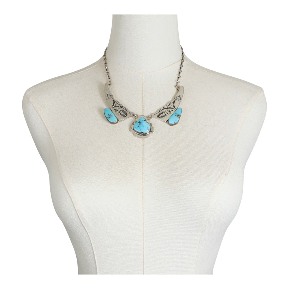 Ben Ration Navajo Blue Ridge Turquoise Necklace: Sterling Silver | Genuine Blue Ridge Turquoise | Ben Ration Navajo Blue Ridge Turquoise Necklace | Navajo Native American Southwest Indian Jewelry | Good (no breaks or damages) | Approximate
