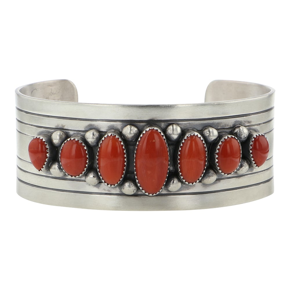 Ray Bennett Navajo Mediterranean Coral Graduated Cuff Bracelet: Sterling Silver | Genuine Mediterranean Coral | Ray Bennett Navajo Mediterranean Coral Graduated Cuff Bracelet | Navajo Native American Southwest Indian Jewelry | Good (no breaks or damages) |