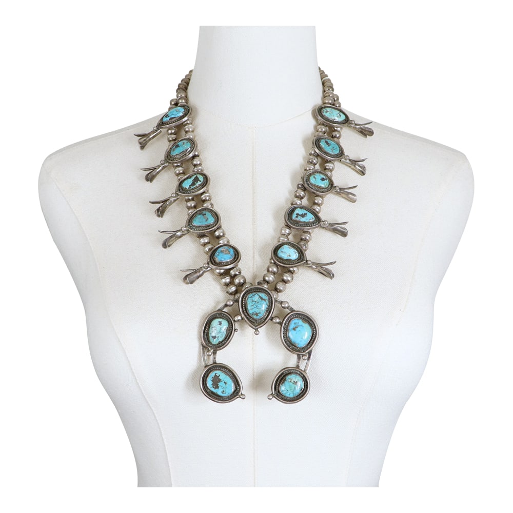 Vintage Navajo 1970's Ithaca Peak Turquoise Squash Blossom Necklace (1 of 4)