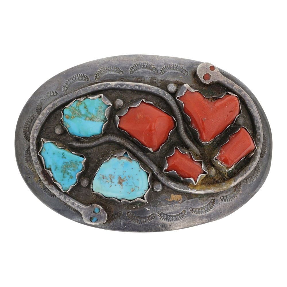Effie Clavaza ( Effie C.) Zuni Vintage Turquoise & Coral Belt Buckle (1 of 2)