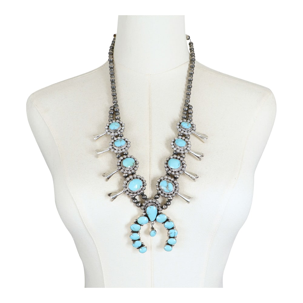 RB Navajo Compitos Turquoise Squash Blossom Necklace: Sterling Silver | Genuine Campitos Turquoise | RB Navajo Compitos Turquoise Squash Blossom Necklace | Navajo Native American Southwest Indian Jewelry | Good (no breaks or damages) | Approximate Weight