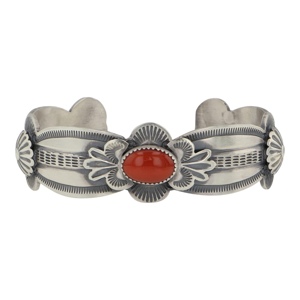 Mark Yazzie Navajo Mediterranean Coral Intricate Stamp-Work Bracelet: Sterling Silver | Genuine Mediterranean Coral | Mark Yazzie Navajo Mediterranean Coral Intricate Stamp-Work Bracelet | Navajo Native American Southwest Indian Jewelry | Good (no breaks or damages) | A