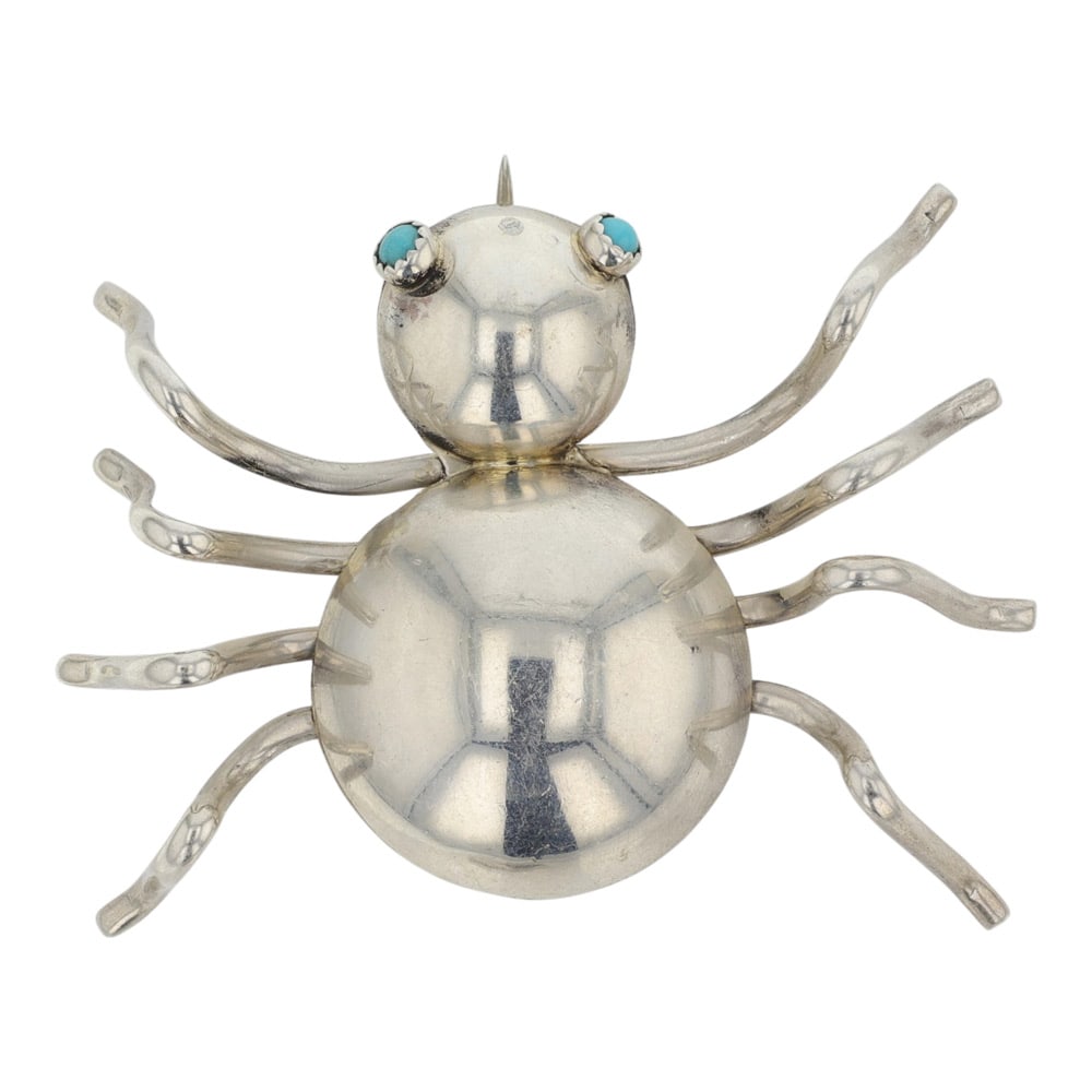 Navajo Kingman Turquoise Spider Pin: Sterling Silver | Genuine Kingman Turquoise | Navajo Kingman Turquoise Spider Pin | Navajo Native American Southwest Indian Jewelry | Good (no breaks or damages) | Approximate Weight: 9 Grams | Pin: 1