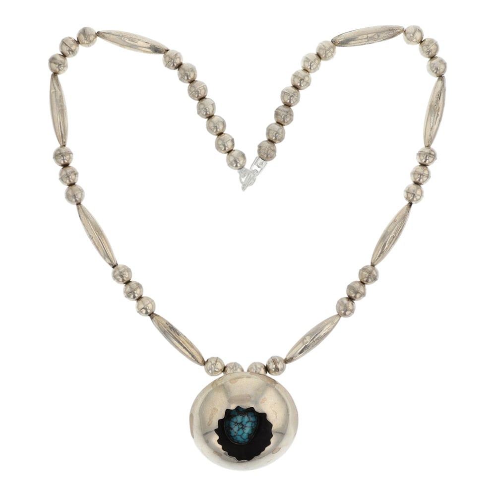 Vintage Navajo Spiderweb Turquoise Shadowbox & Bench Beads Necklace: Sterling Silver | Genuine Turquoise | Vintage Navajo Spiderweb Turquoise Shadowbox & Bench Beads Necklace | Navajo Native American Southwest Indian Jewelry | Good (no breaks or damages) | Approximate 