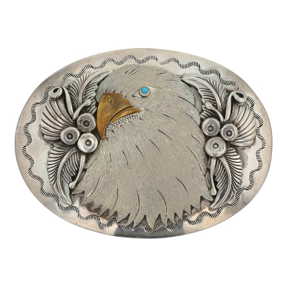 Glenn Livingston Navajo Kingman Turquoise Intricate Etched Eagle Belt Buckle: Sterling Silver | Genuine Kingman Turquoise | Glenn Livingston Navajo Kingman Turquoise Intricate Etched Eagle Belt Buckle | Navajo Native American Southwest Indian Jewelry | Good (no breaks or damage