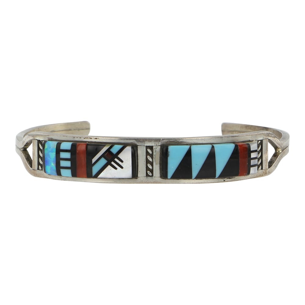 Ardale Mahooty Zuni Turquoise Coral Acoma Jet Mother of Pearl & Synthetic Opal Inlay Bracelet: Sterling Silver | Genuine Turquoise & Coral | Ardale Mahooty Zuni Turquoise Coral Acoma Jet Mother of Pearl & Synthetic Opal Inlay Bracelet | Zuni Native American Southwest Indian Jewelry | Good (no b