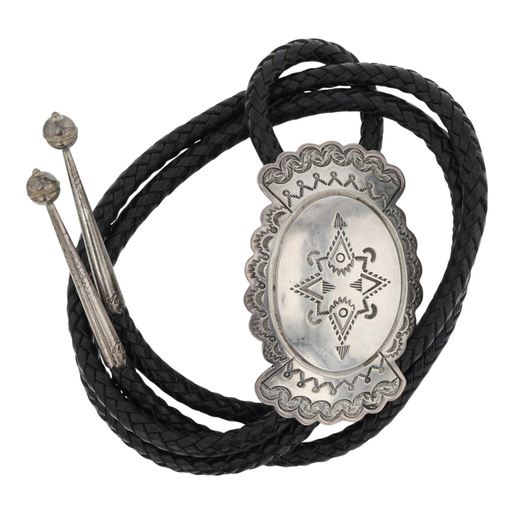 Vintage Navajo Large Plain Silver Stamp-Work Bolo Tie (1 of 3)