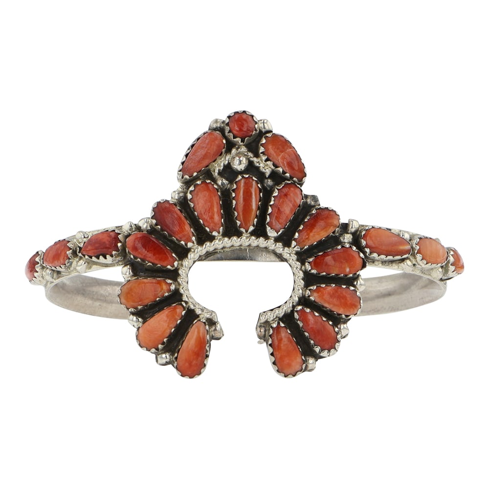 Zeta Begay Navajo Spiny Oyster Naja Cuff Bracelet: Sterling Silver | Genuine Spiny Oyster | Zeta Begay Navajo Spiny Oyster Naja Cuff Bracelet | Navajo Native American Southwest Indian Jewelry | Good (no breaks or damages) | Approximate Weight: 19 Gram