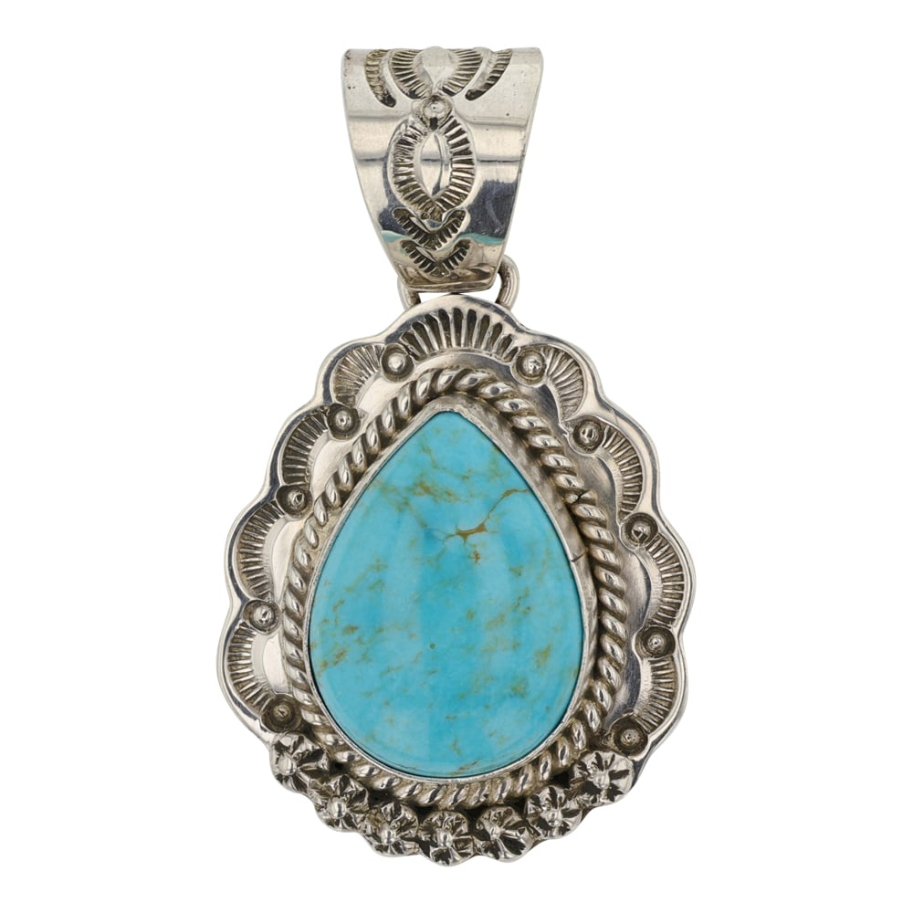 John Nelson Blue Ridge Turquoise Pendant: Sterling Silver | Genuine Blue Ridge Turquoise | John Nelson Blue Ridge Turquoise Pendant | Navajo Native American Southwest Indian Jewelry | Good (no breaks or damages) | Approximate Weight: 17 Grams