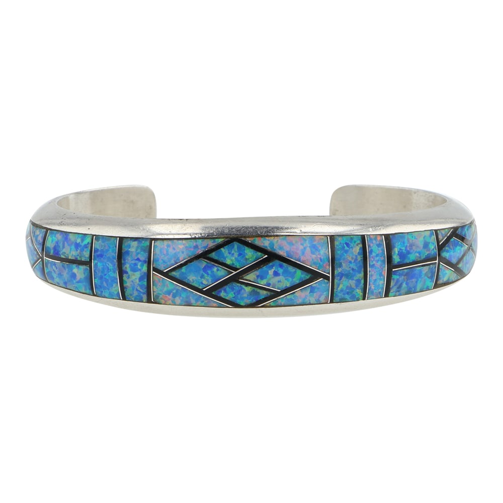Pete Sanchez Isleta Pueblo Synthetic Opal & Acoma Jet Inlay Bracelet (1 of 4)