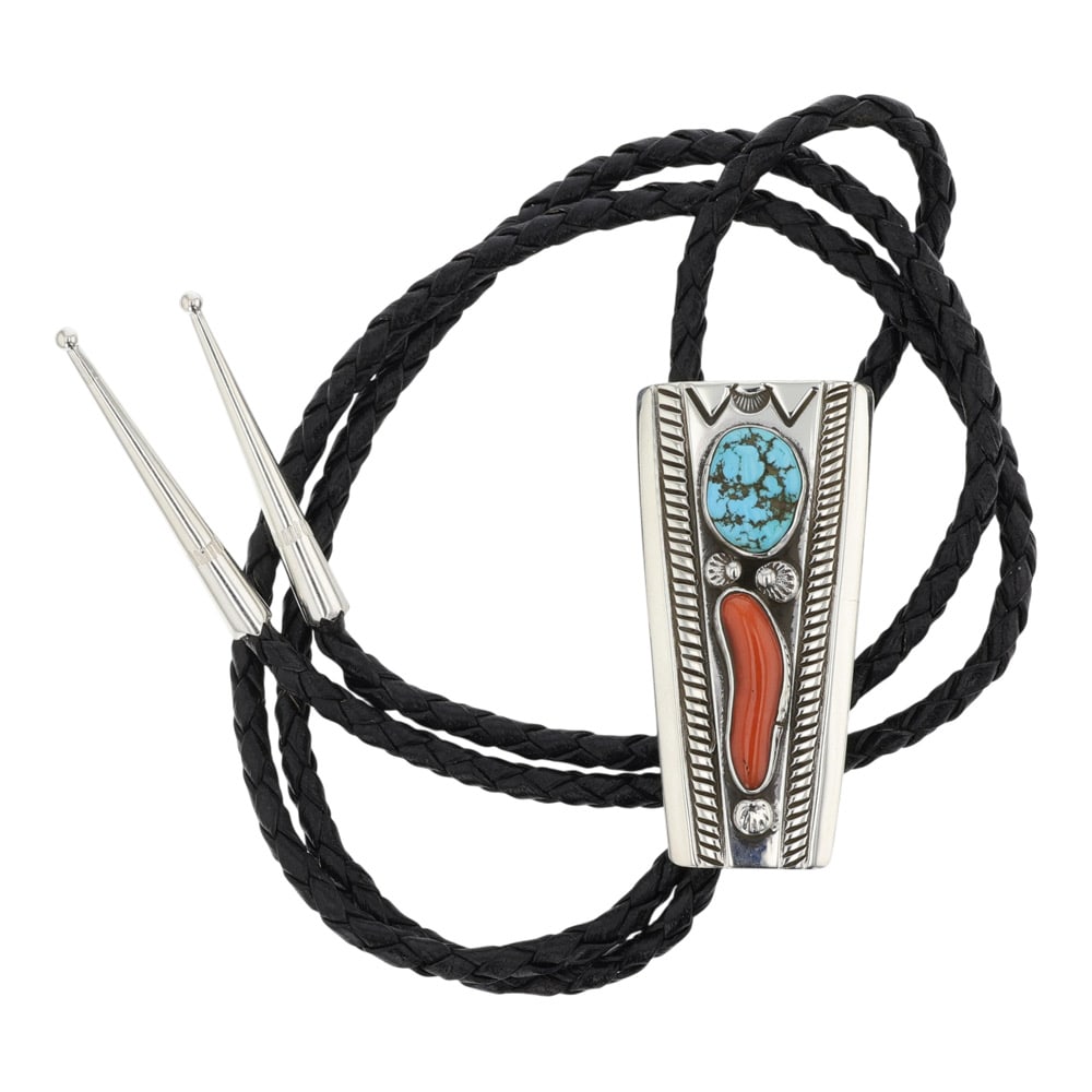Navajo Kingman Turquoise & Mediterranean Coral Bolo Tie (1 of 3)