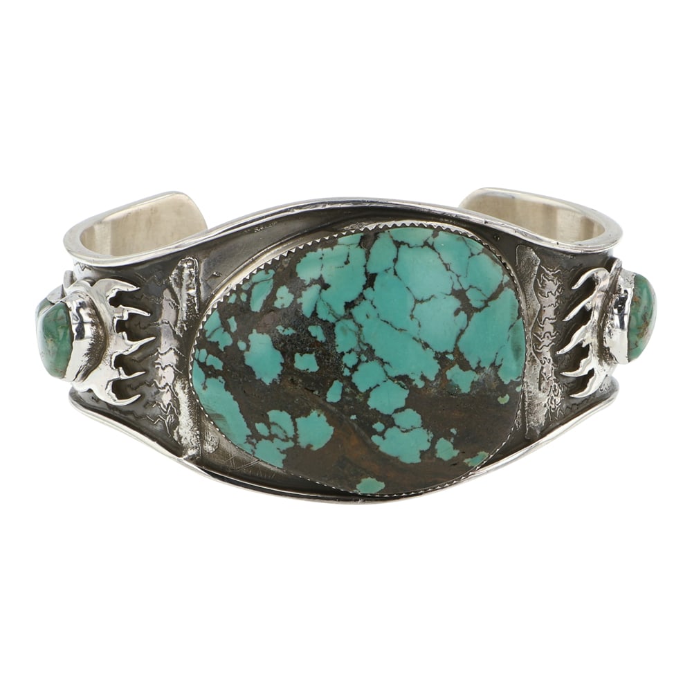 Navjao Hubei Turquoise Bear Paw Design Cuff Bracelet: Sterling Silver | Genuine Hubei Turquoise | Navjao Hubei Turquoise Bear Paw Design Cuff Bracelet | Navajo Native American Southwest Indian Jewelry | Good (no breaks or damages) | Approximate Weight: 7