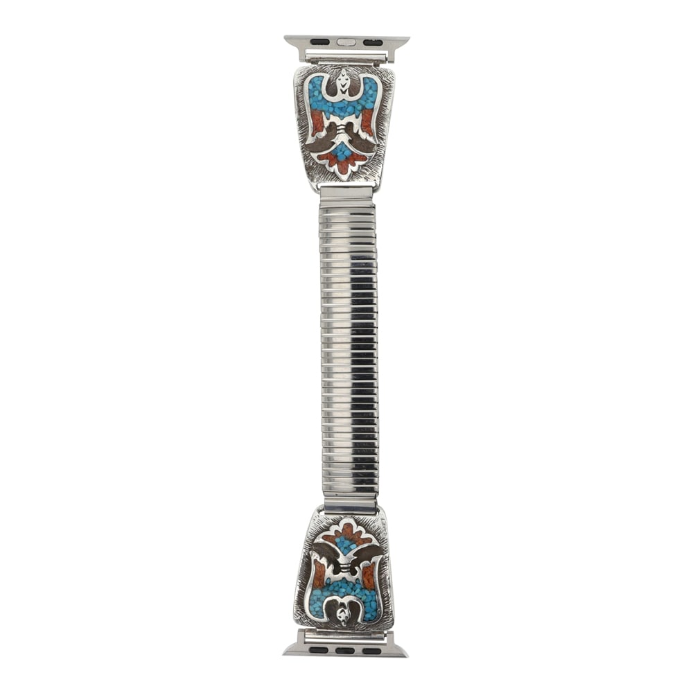 Navajo Turquoise & Coral Chip Inlay Peyote Bird Design Watch Bracelet with Apple Watch Adapter: Sterling Silver | Genuine Turquoise & Coral | Navajo Turquoise & Coral Chip Inlay Peyote Bird Design Watch Bracelet with Apple Watch Adapter | Navajo Native American Southwest Indian Jewelry | Good (n