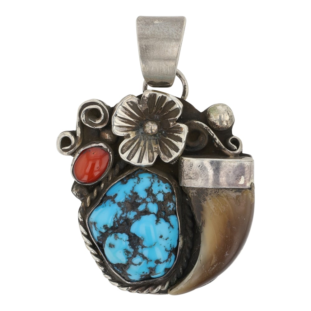 Victor Hicks Navajo Turquoise & Coral Bear Claw Pendant: Sterling Silver | Genuine Turquoise & Coral | Victor Hicks Navajo Turquoise & Coral Bear Claw Pendant | Navajo Native American Southwest Indian Jewelry | Good (no breaks or damages) | Approximate Weig