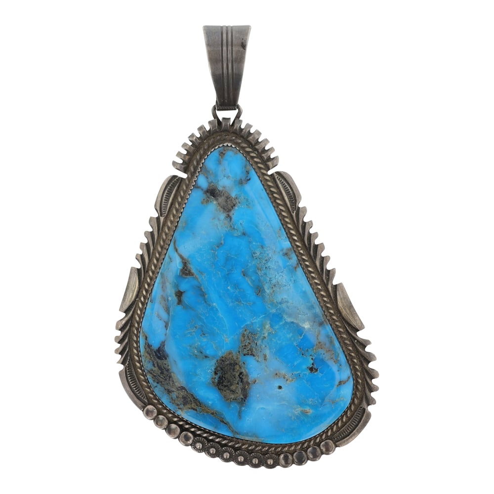 Loren Thomas Begay Navjao Kingman Turquoise Large Freeform Pendant: Sterling Silver | Genuine Kingman Turquoise | Loren Thomas Begay Navjao Kingman Turquoise Large Freeform Pendant | Navajo Native American Southwest Indian Jewelry | Good (no breaks or damages) | Appro