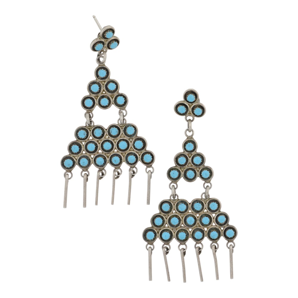 Vintage Zuni Sleeping Beauty Turquoise Needlepoint Chandelier Earrings: Sterling Silver | Genuine Sleeping Beauty Turquoise | Vintage Zuni Sleeping Beauty Turquoise Needlepoint Chandelier Earrings | Zuni Native American Southwest Indian Jewelry | Good (no breaks or damage