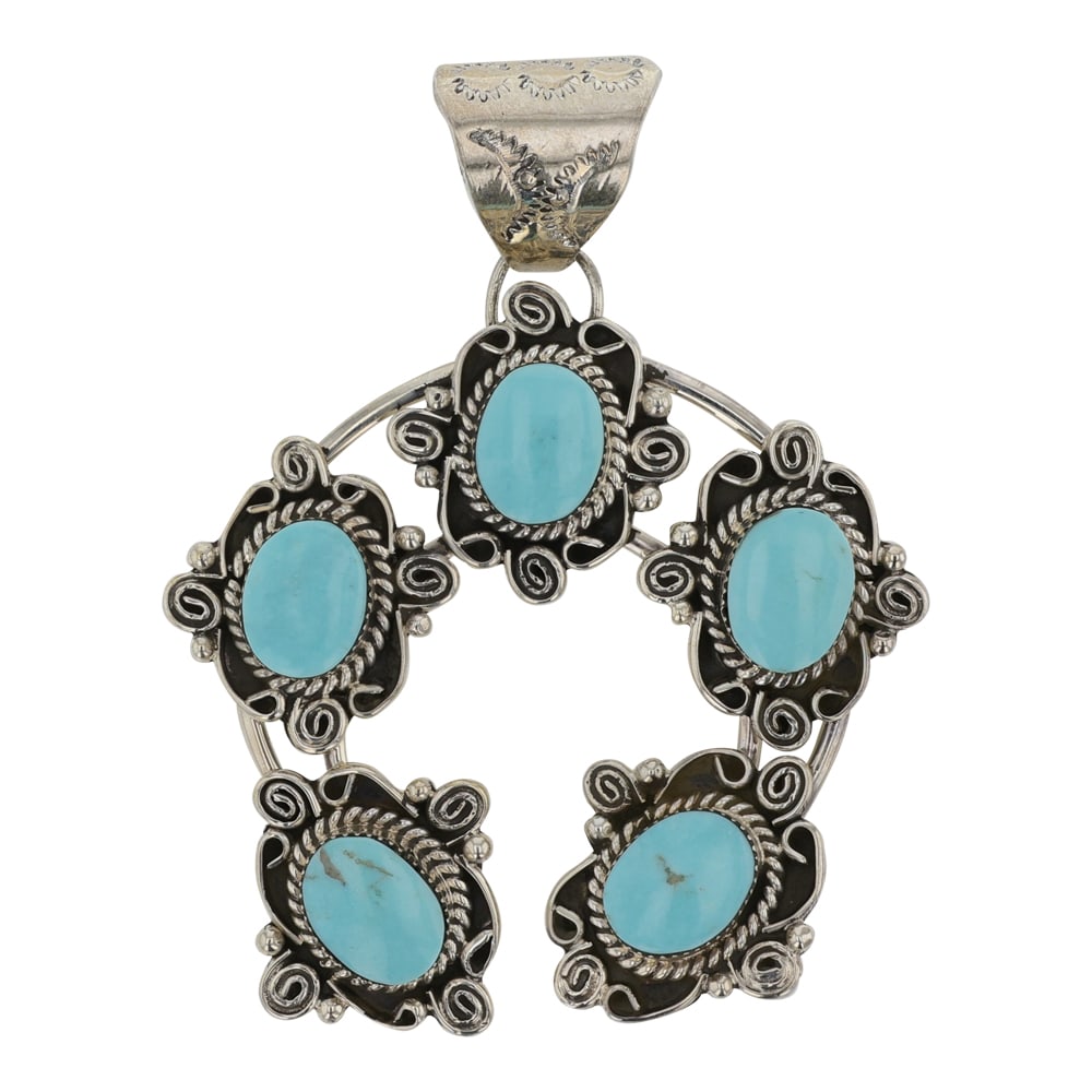 Navajo Campitos Turquoise Naja Pendant: Sterling Silver | Genuine Campitos Turquoise | Navajo Campitos Turquoise Naja Pendant | Navajo Native American Southwest Indian Jewelry | Good (no breaks or damages) | Approximate Weight: 24 Grams | P