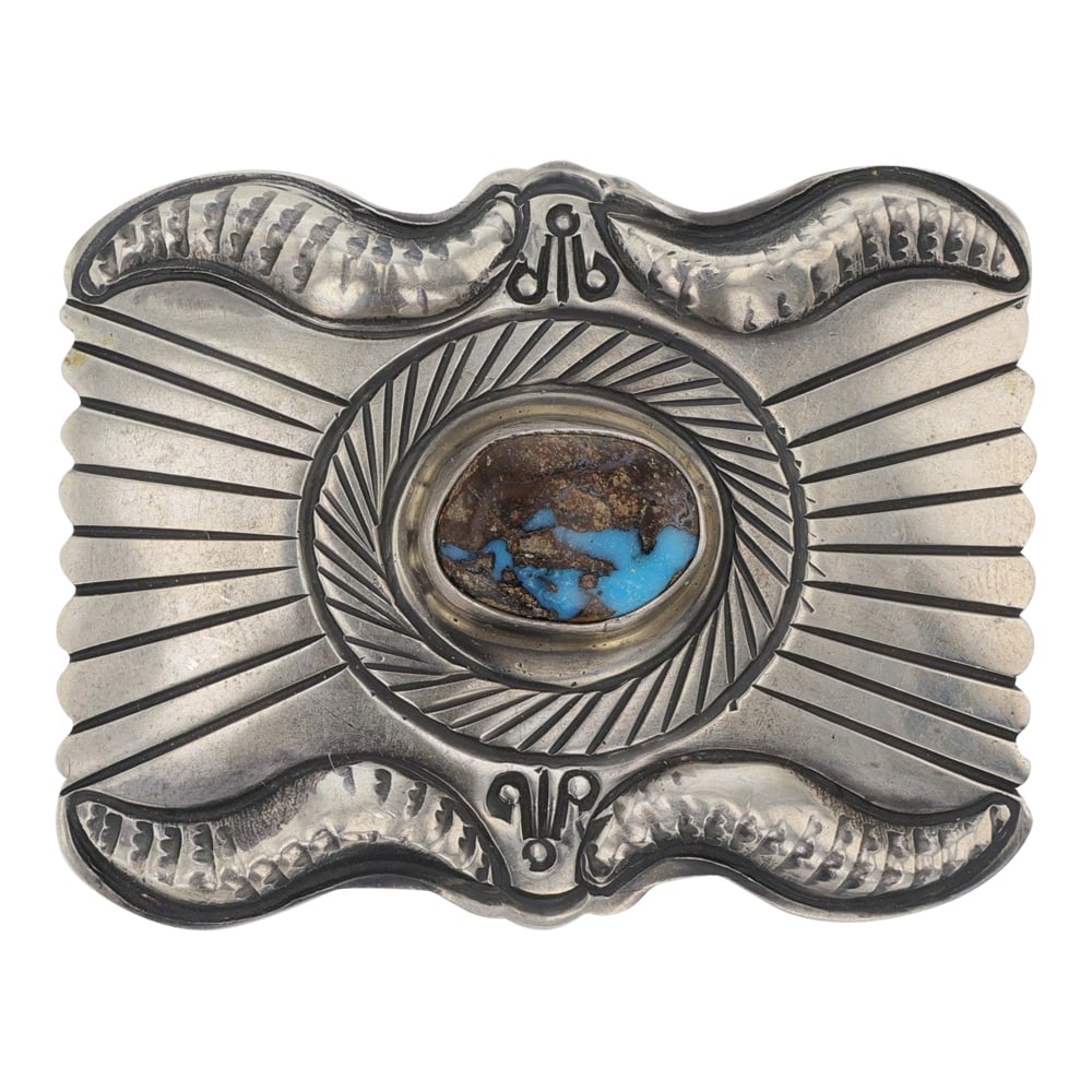 Geraldine Yazzie Navajo Bisbee Turquoise Detailed Stamp-Work Belt Buckle: Sterling Silver | Genuine Bisbee Turquoise | Geraldine Yazzie Navajo Bisbee Turquoise Detailed Stamp-Work Belt Buckle | Navajo Native American Southwest Indian Jewelry | Good (no breaks or damages) | 