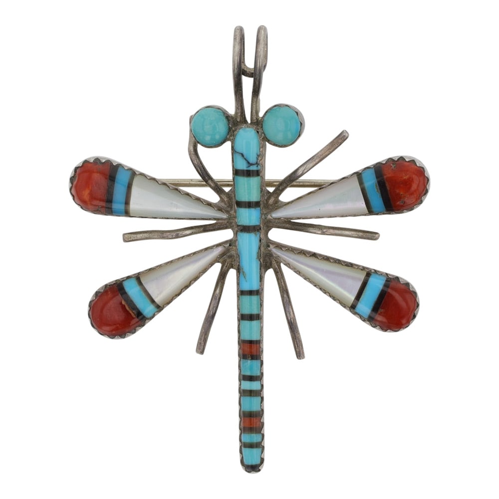 Zuni Turquoise Coral & Mother of Pearl Inlay Dragonfly Pin / Pendant: Sterling Silver | Genuine Turquoise, Coral & Mother of Pearl | Zuni Turquoise Coral & Mother of Pearl Inlay Dragonfly Pin / Pendant | Zuni Native American Southwest Indian Jewelry | Good (no breaks or