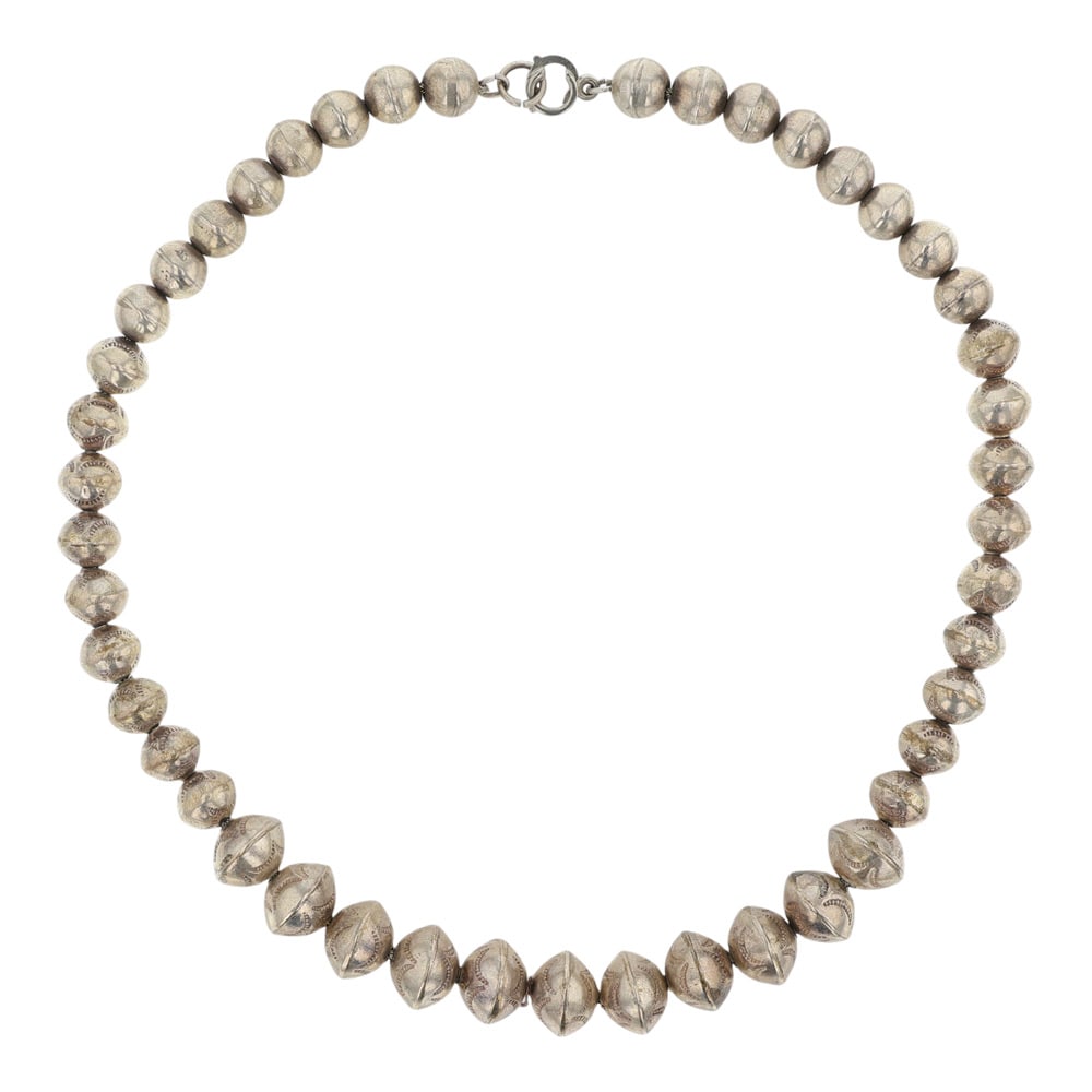 Navajo Stamp-Work Bench Beads Choker Necklace: Sterling Silver | | Navajo Stamp-Work Bench Beads Choker Necklace | Navajo Native American Southwest Indian Jewelry | Good (no breaks or damages) | Approximate Weight: 28 Grams | Necklace: 16" length 