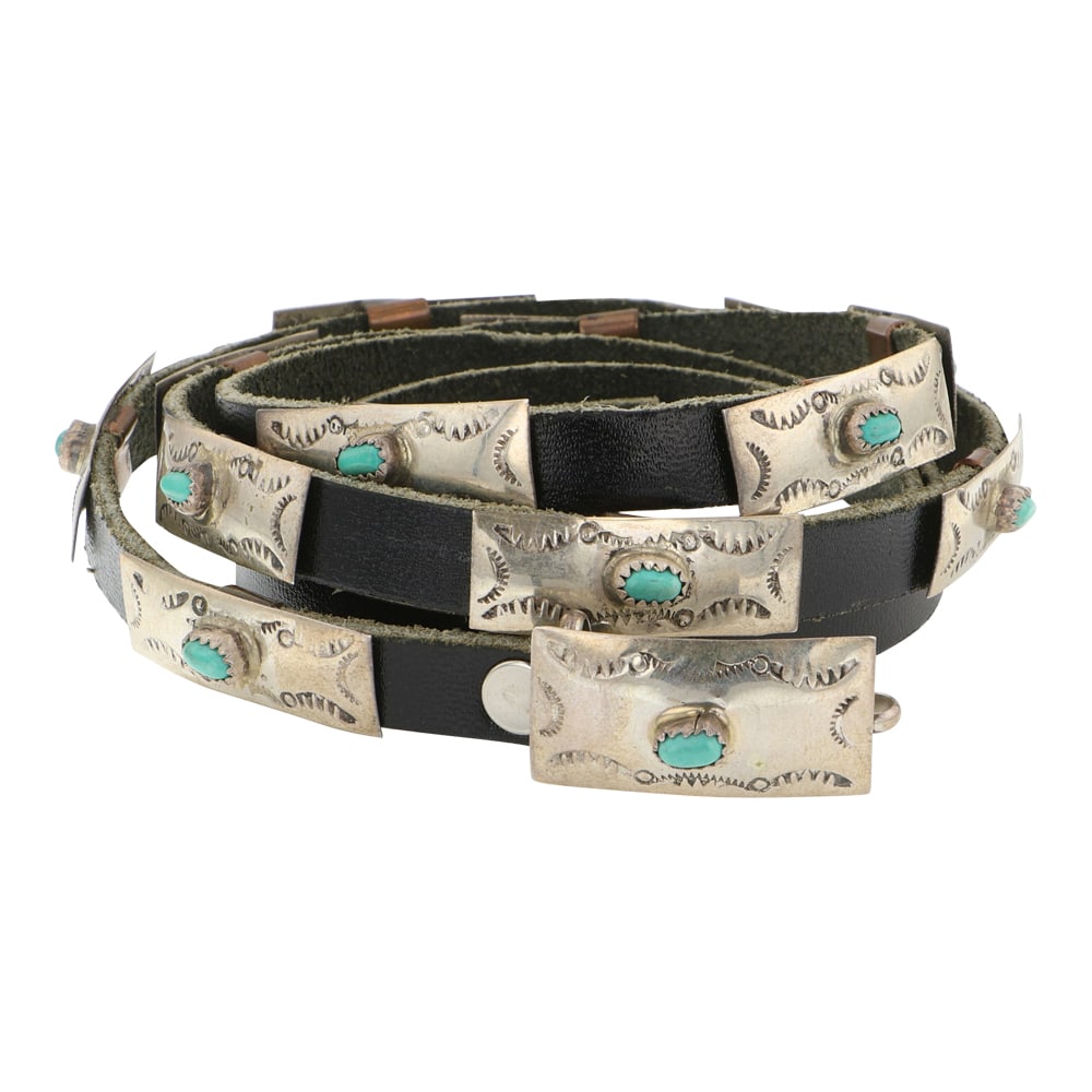 Vintage Navajo Kingman Turquoise Small Stamp-Work Concho Belt: Sterling Silver | Genuine Kingman Turquoise | Vintage Navajo Kingman Turquoise Small Stamp-Work Concho Belt | Navajo Native American Southwest Indian Jewelry | Good (no breaks or damages) | Approximat