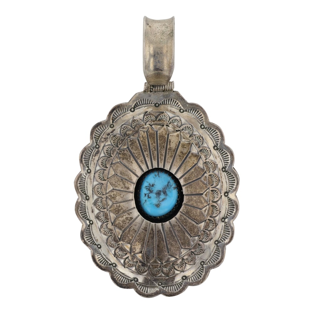 Vintage Navajo Kingman Turquoise Shadowbox Pendant: Sterling Silver | Genuine Kingman Turquoise | Vintage Navajo Kingman Turquoise Shadowbox Pendant | Navajo Native American Southwest Indian Jewelry | Good (no breaks or damages) | Approximate Weight: 1