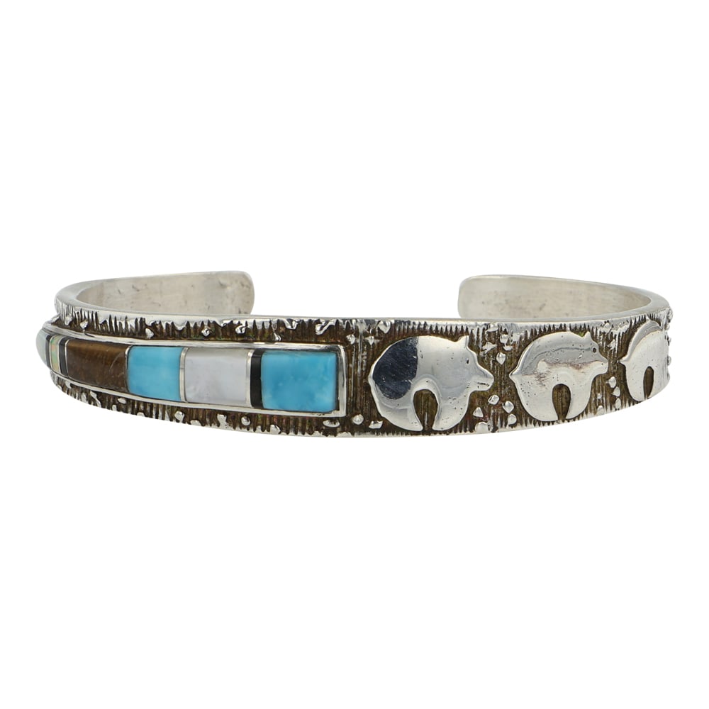 Navajo Turquoise Mother of Pearl Shell & Synthetic Opal Inlay Bear Bracelet (1 of 4)