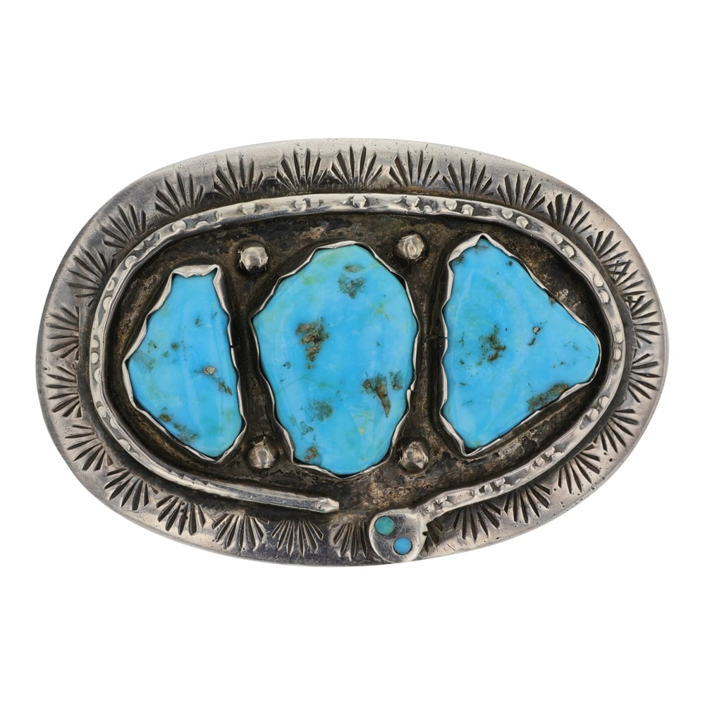 Effie Calavaza (Effie C) Zuni Vintage Sleeping Beauty Turquoise Belt Buckle: Sterling Silver | Genuine Sleeping Beauty Turquoise | Effie Calavaza (Effie C) Zuni Vintage Sleeping Beauty Turquoise Belt Buckle | Zuni Native American Southwest Indian Jewelry | Good (no breaks or d