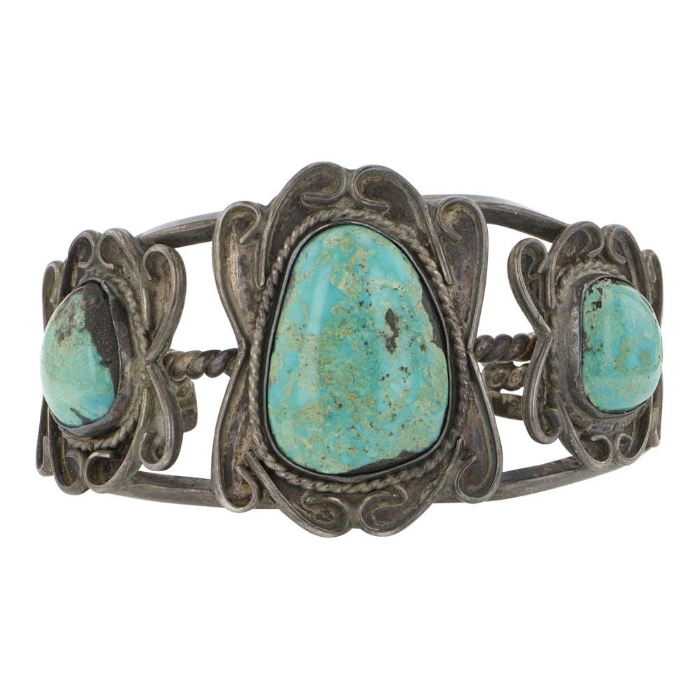 Vintage Navajo Nevada Turquoise Three Stone Bracelet: Sterling Silver | Genuine Nevada Turquoise | Vintage Navajo Nevada Turquoise Three Stone Bracelet | Navajo Native American Southwest Indian Jewelry | Good (no breaks or damages) | Approximate Weight: 