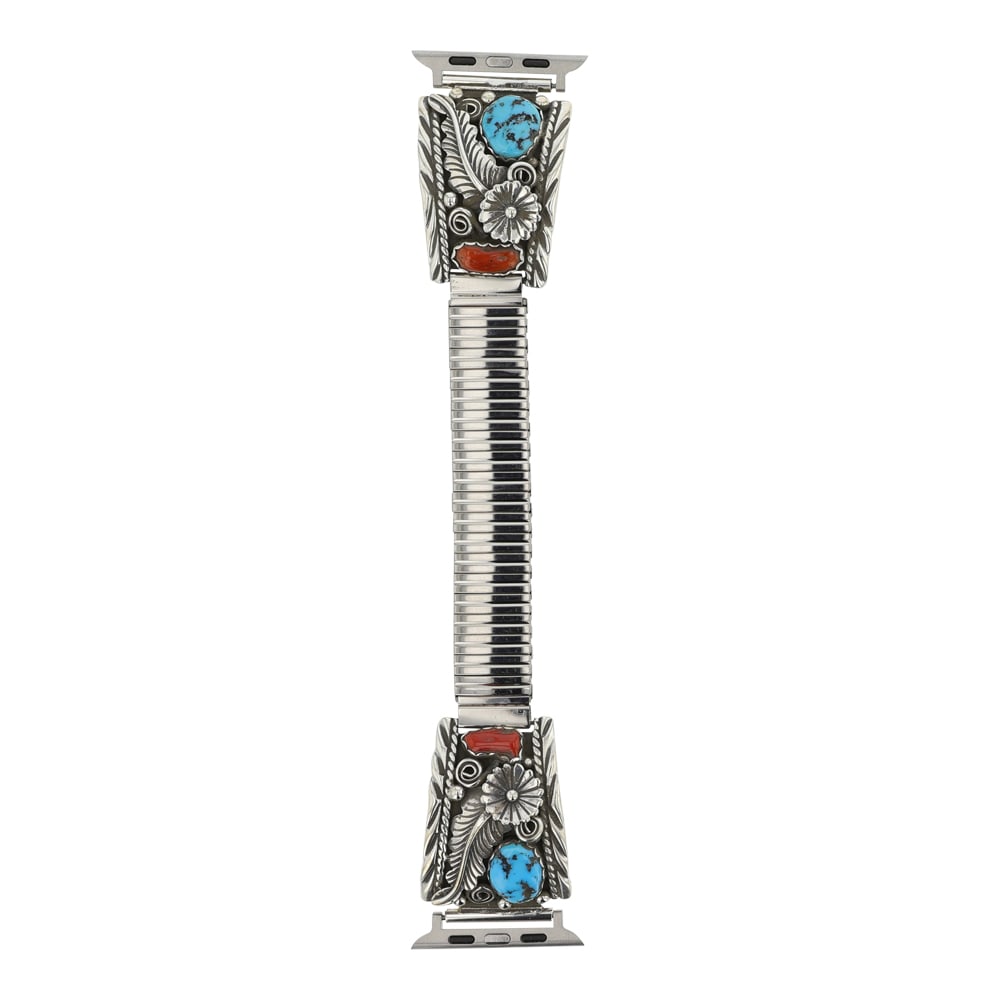 Navajo Turquoise & Coral Watch Bracelet with Apple Watch Adapter: Sterling Silver | Genuine Turquoise & Coral | Navajo Turquoise & Coral Watch Bracelet with Apple Watch Adapter | Navajo Native American Southwest Indian Jewelry | Good (no breaks or damages) | Approxi