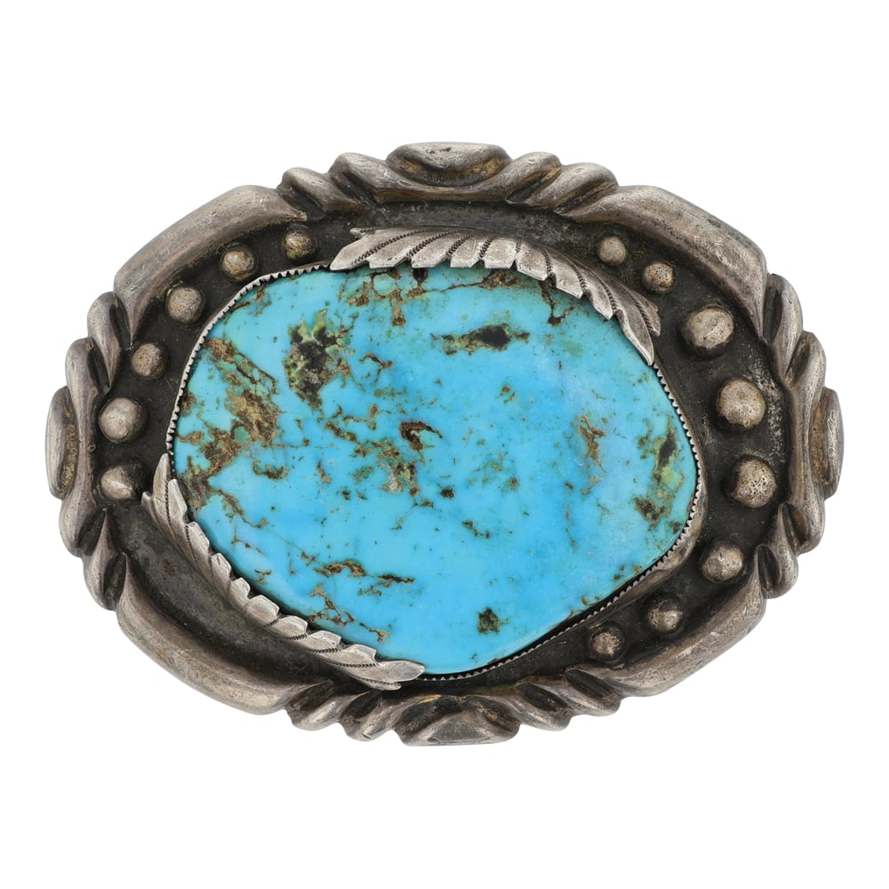 Cecil Sanders Navjao Vintage Blue Ridge Turquoise Belt Buckle: Sterling Silver | Genuine Blue Ridge Turquoise | Cecil Sanders Navjao Vintage Blue Ridge Turquoise Belt Buckle | Navajo Native American Southwest Indian Jewelry | Good (no breaks or damages) | Approxi