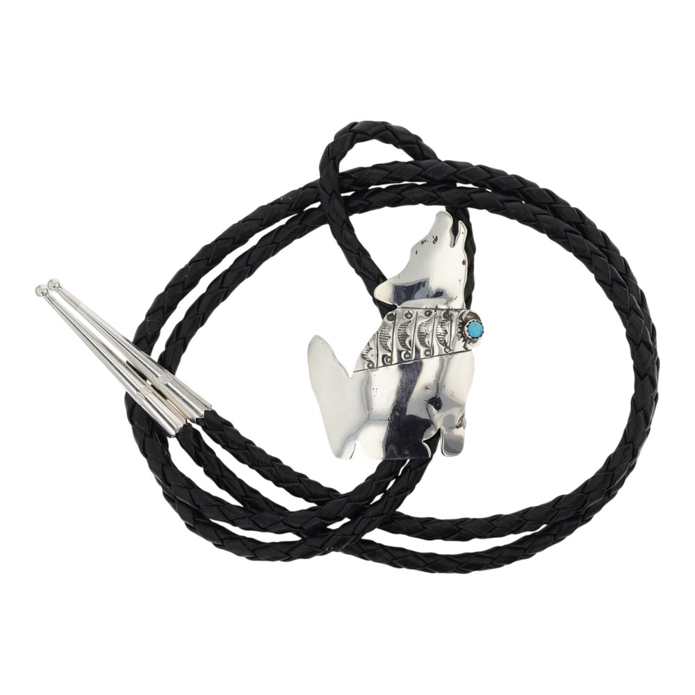 Navajo Kingman Turquoise Howling Wolf Bolo Tie: Sterling Silver | Genuine Kingman Turquoise | Navajo Kingman Turquoise Howling Wolf Bolo Tie | Navajo Native American Southwest Indian Jewelry | Good (no breaks or damages) | Approximate Weight: 22 Gr