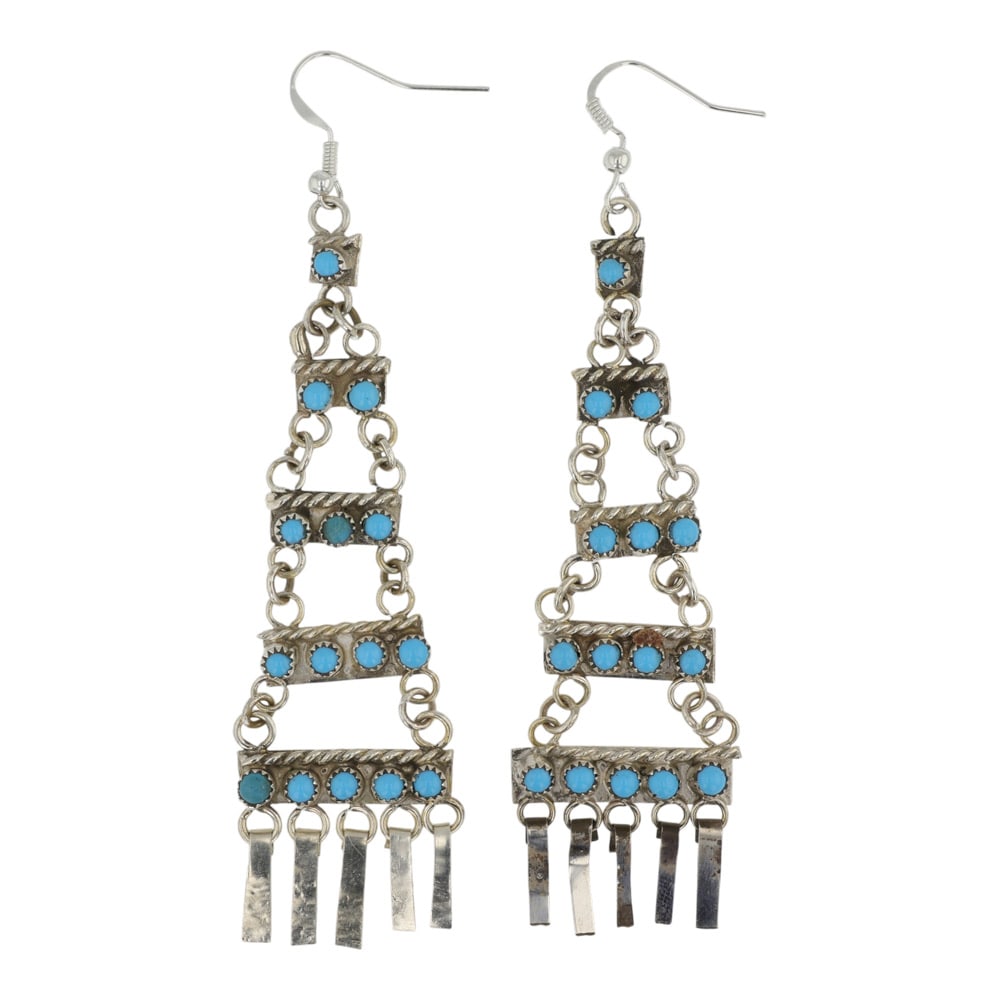 Vintage Zuni Sleeping Beauty Turquoise Chandelier Earrings: Sterling Silver | Genuine Sleeping Beauty Turquoise | Vintage Zuni Sleeping Beauty Turquoise Chandelier Earrings | Zuni Native American Southwest Indian Jewelry | Good (no breaks or damages) | Approxi