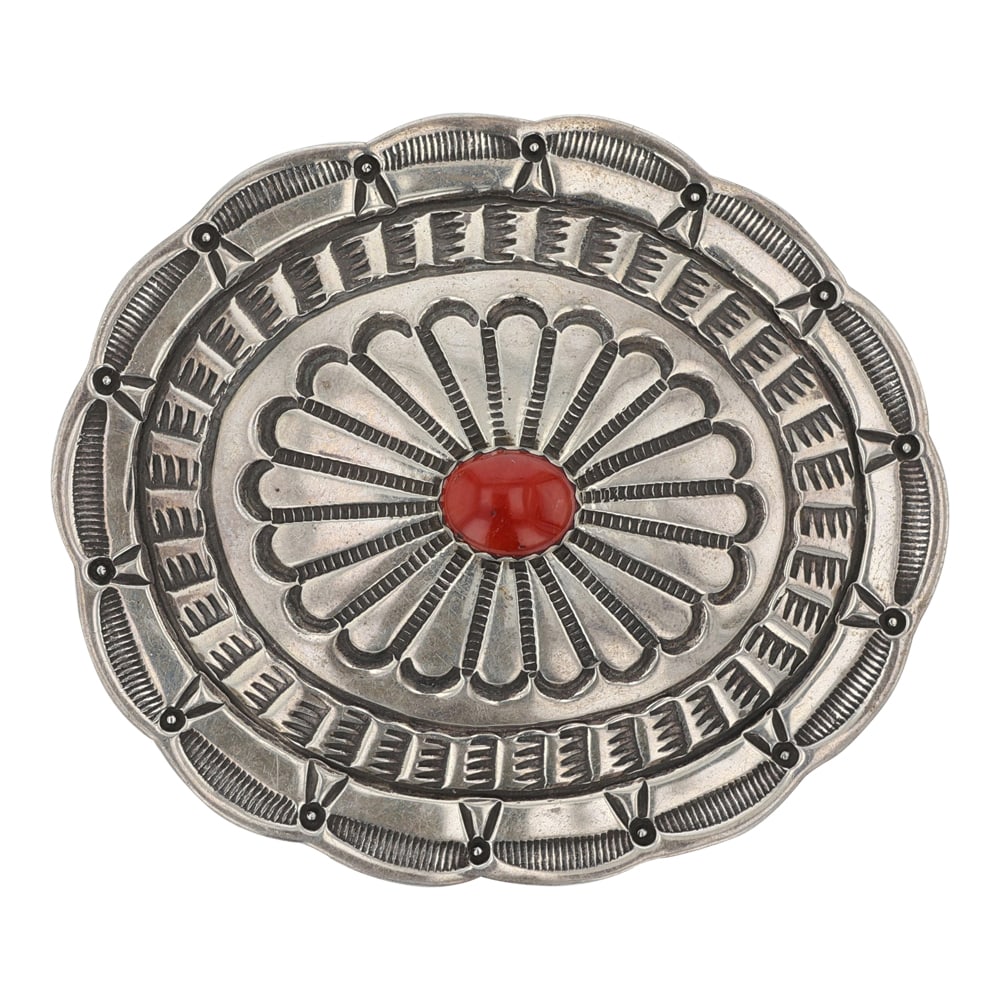 Navajo Mediterranean Coral Stamp-Work Belt Buckle: Sterling Silver | Genuine Mediterranean Coral | Navajo Mediterranean Coral Stamp-Work Belt Buckle | Navajo Native American Southwest Indian Jewelry | Good (no breaks or damages) | Approximate Weight: 