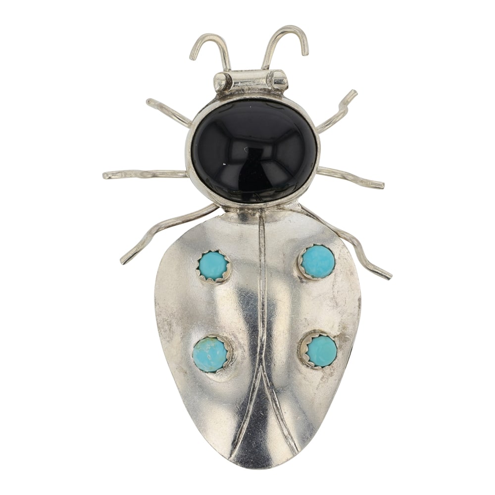 Navajo Turquoise & Black Onyx Insect Pin: Sterling Silver | Genuine Turquoise & Black Onyx | Navajo Turquoise & Black Onyx Insect Pin | Navajo Native American Southwest Indian Jewelry | Good (no breaks or damages) | Approximate Weight: 5 Gram