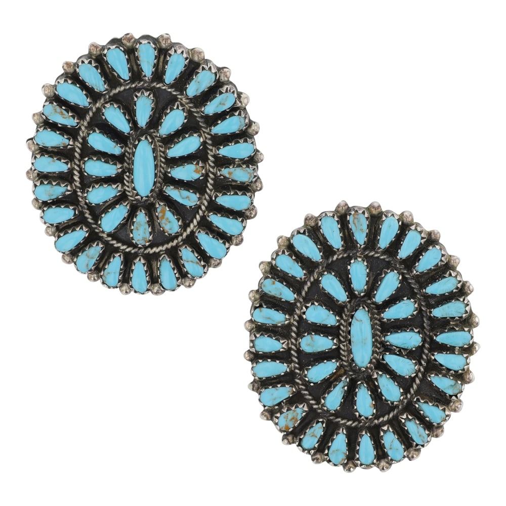 Harrison Bitsoi Navajo Kingman Turquoise Cluster Earrings: Sterling Silver | Genuine Kingman Turquoise | Harrison Bitsoi Navajo Kingman Turquoise Cluster Earrings | Navajo Native American Southwest Indian Jewelry | Good (no breaks or damages) | Approximate We