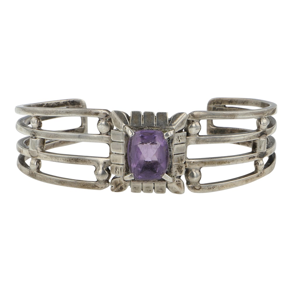 Carl Quintana Navajo Amethyst Cuff Bracelet: Sterling Silver | Genuine Amethyst | Carl Quintana Navajo Amethyst Cuff Bracelet | Navajo Native American Southwest Indian Jewelry | Good (no breaks or damages) | Approximate Weight: 31 Grams | Bracel