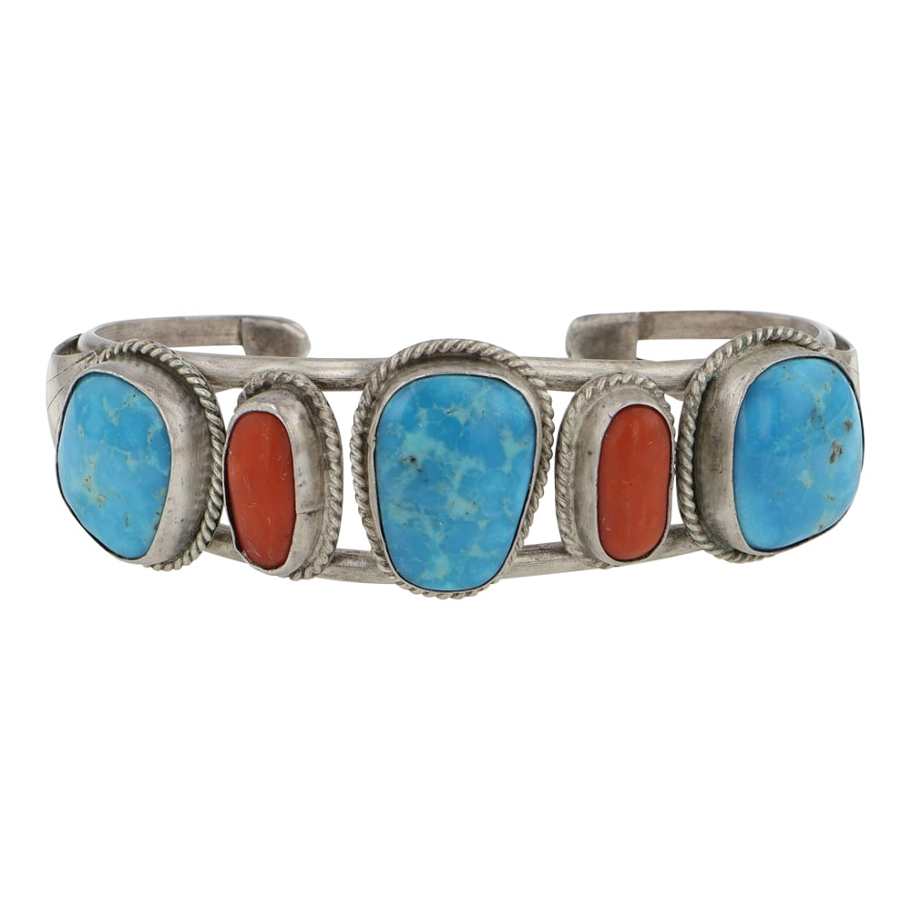 Navajo Turquoise & Coral Five Stone Bracelet (1 of 3)