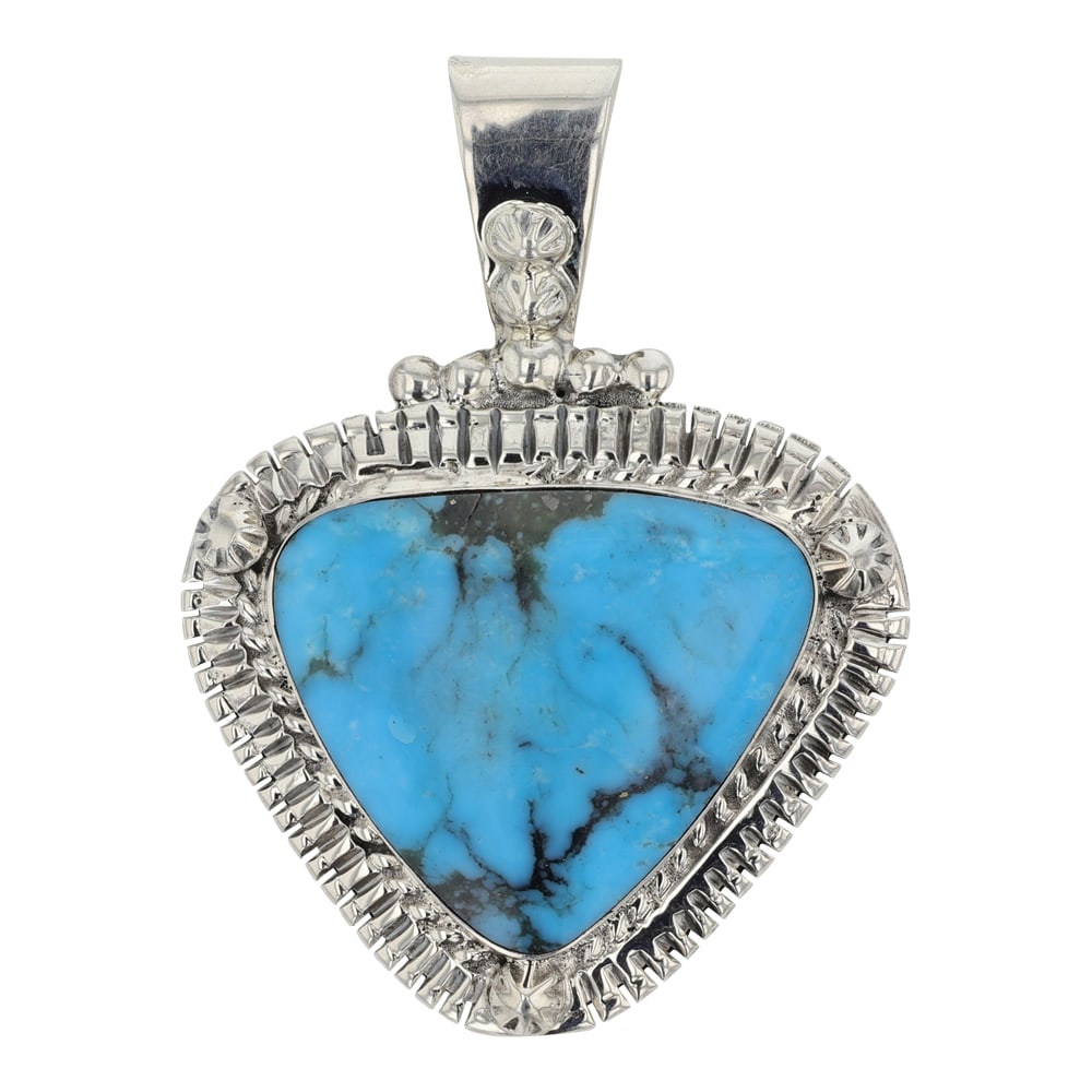 RB Navajo Campitos Turquoise Pendant: Sterling Silver | Genuine Campitos Turquoise | RB Navajo Campitos Turquoise Pendant | Navajo Native American Southwest Indian Jewelry | Good (no breaks or damages) | Approximate Weight: 20 Grams | Pen