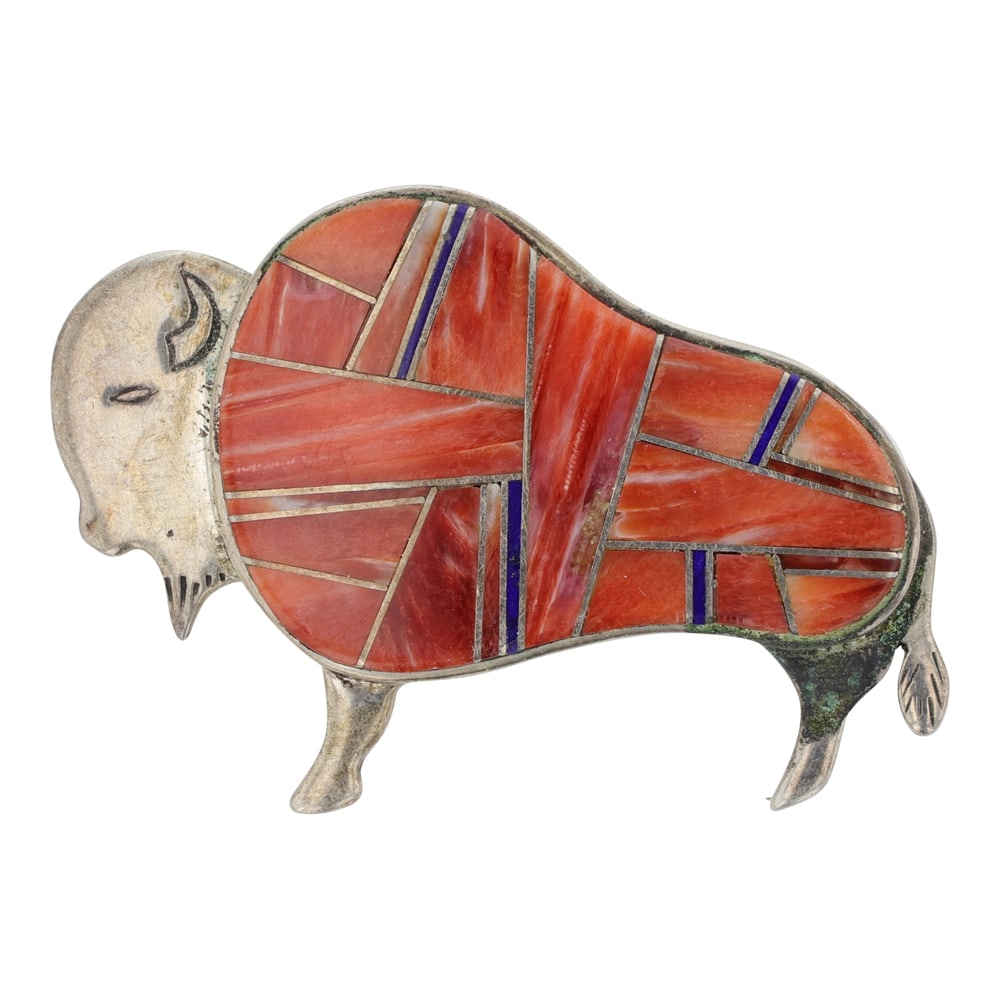 Calvin Begay Navajo Spiny Oyster & Lapis Inlay Bison Pin/ Pendant: Sterling Silver | Genuine Spiny Oyster & Lapis | Calvin Begay Navajo Spiny Oyster & Lapis Inlay Bison Pin/ Pendant | Navajo Native American Southwest Indian Jewelry | Good (no breaks or damages) | App