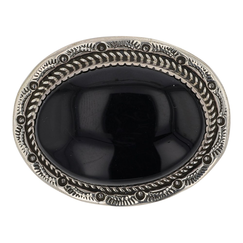 Navajo Black Onyx Stamp-Work Pin: Sterling Silver | Genuine Black Onyx | Navajo Black Onyx Stamp-Work Pin | Navajo Native American Southwest Indian Jewelry | Good (no breaks or damages) | Approximate Weight: 15 Grams | Pin: 1.5" x 1" 