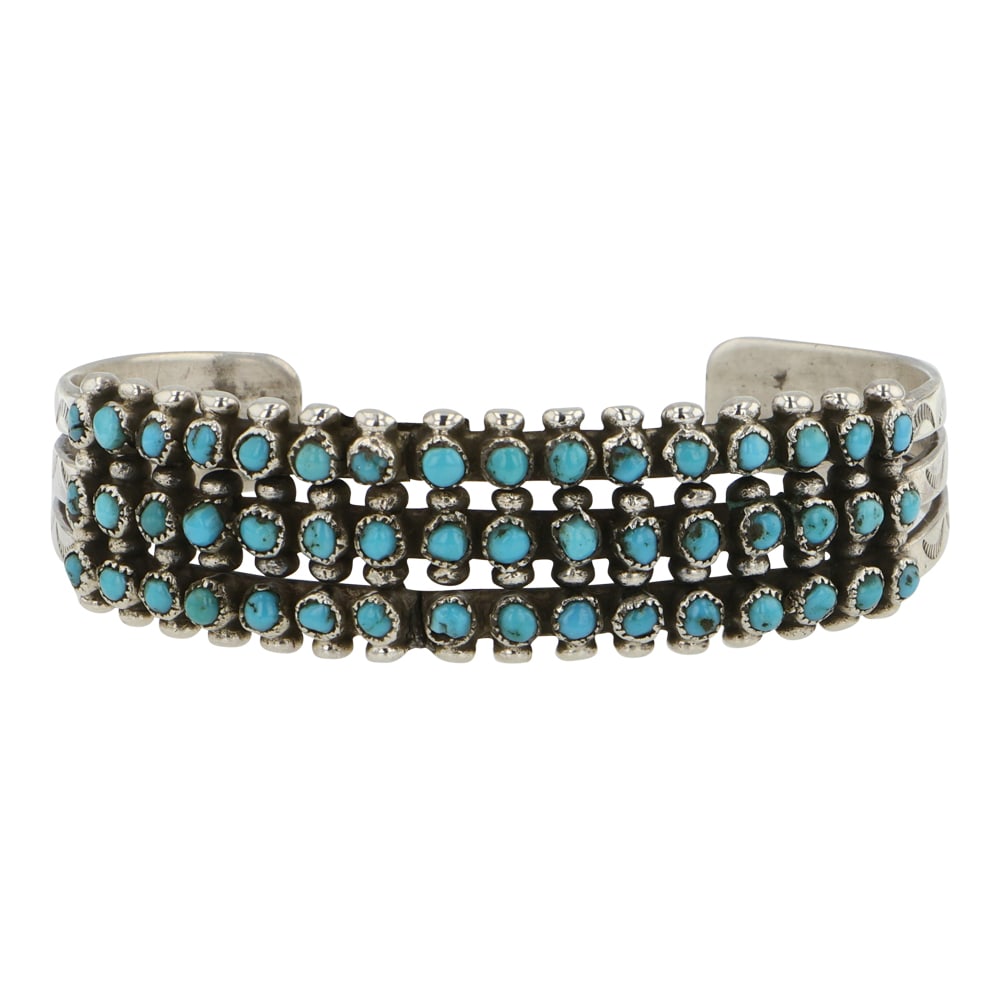 Vintage Navajo Turquoise Row Bracelet Three Rows Bracelet: Sterling Silver | Genuine Turquoise | Vintage Navajo Turquoise Row Bracelet Three Rows Bracelet | Navajo Native American Southwest Indian Jewelry | Good (no breaks or damages) ( Recently repaired can 