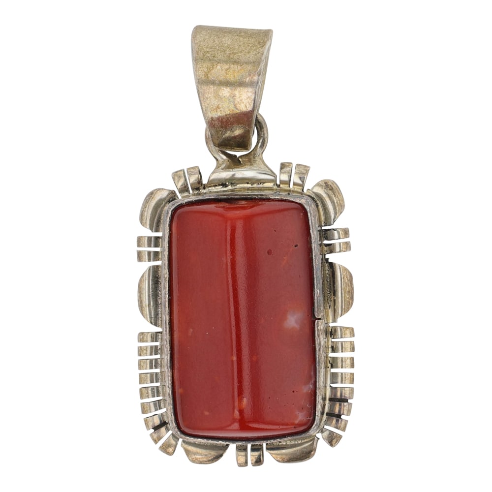 Richard Curley Navajo Mediterranean Coral Pendant: Sterling Silver | Genuine Mediterranean Coral | Richard Curley Navajo Mediterranean Coral Pendant | Navajo Native American Southwest Indian Jewelry | Good (no breaks or damages) | Approximate Weight: 