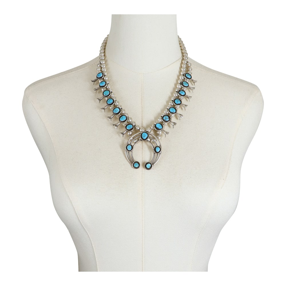 Phil Garcia Navajo Kingman Turquoise Squash Blossom Necklace: Sterling Silver | Genuine Kingman Turquoise | Phil Garcia Navajo Kingman Turquoise Squash Blossom Necklace | Navajo Native American Southwest Indian Jewelry | Good (no breaks or damages) | Approximate