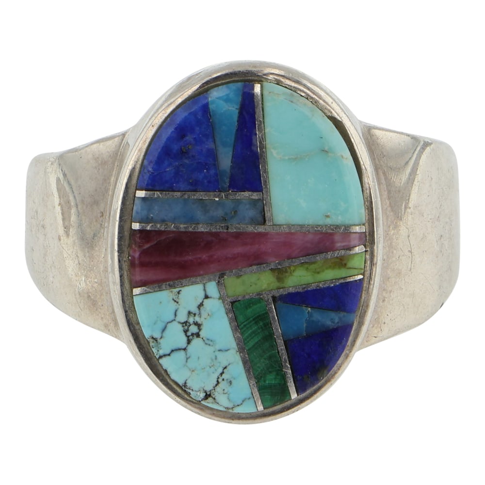Navajo Turquoise Lapis Malachite & Spiny Oyster Inlay Ring: Sterling Silver | Genuine Turuqoise, Lapis, Malachite & Spiny Oyster | Navajo Turquoise Lapis Malachite & Spiny Oyster Inlay Ring | Navajo Native American Southwest Indian Jewelry | Good (no breaks or
