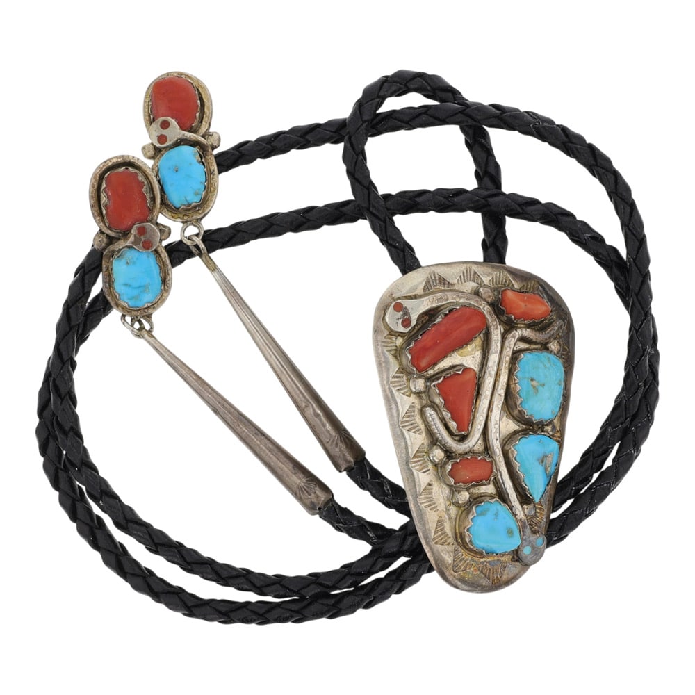 Effie Calvaza (Effie C) Zuni Sleeping Beauty Turquoise & Mediterranean Coral Bolo Tie (1 of 3)