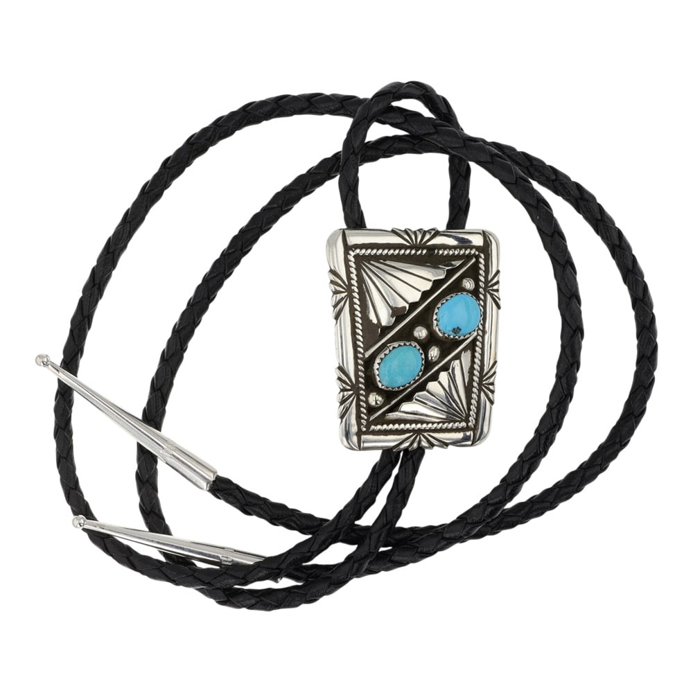 Navajo Kingman Turquoise Two Stone Bolo Tie: Sterling Silver | Genuine Kingman Turquoise | Navajo Kingman Turquoise Two Stone Bolo Tie | Navajo Native American Southwest Indian Jewelry | Good (no breaks or damages) | Approximate Weight: 33 Grams