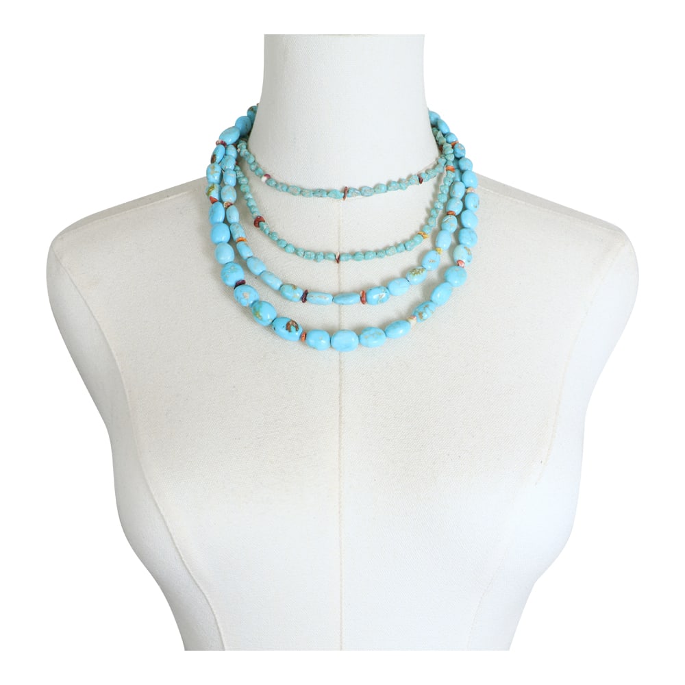 Navajo Turquoise & Spiny Oyster Four Strand Graduated Necklace: Sterling Silver | Genuine Turquoise & Spiny Oyster | Navajo Turquoise & Spiny Oyster Four Strand Graduated Necklace | Navajo Native American Southwest Indian Jewelry | Good (no breaks or damages) | Ap