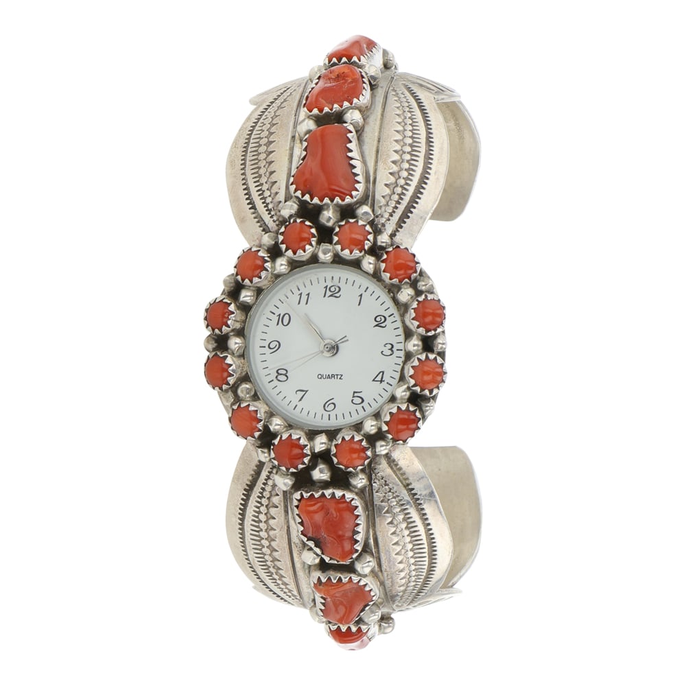 Navajo Mediterranean Coral Watch Bracelet: Sterling Silver | Genuine Mediterranean Coral | Navajo Mediterranean Coral Watch Bracelet | Navajo Native American Southwest Indian Jewelry | Good (no breaks or damages) | Approximate Weight: 51 Grams
